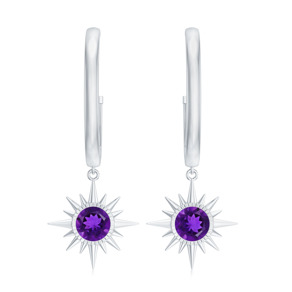Natural Amethyst Sunburst Hoop Drop Earrings with Certificate