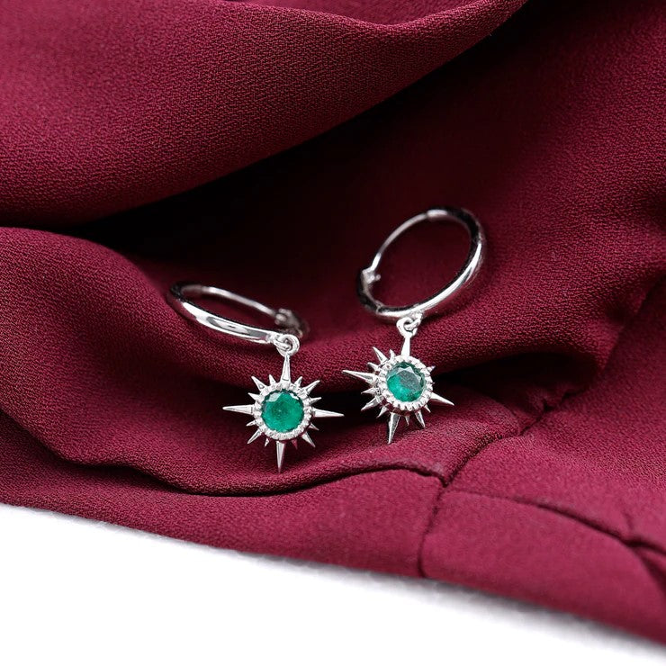 Pendientes argolla con forma de sol en esmeralda auténtica y certificado