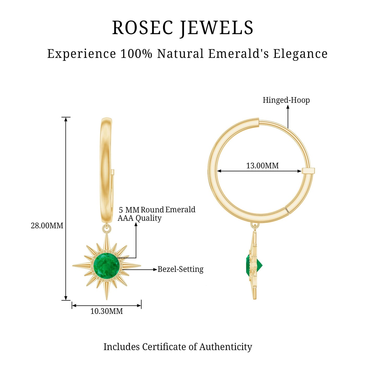 Pendientes argolla con forma de sol en esmeralda auténtica y certificado