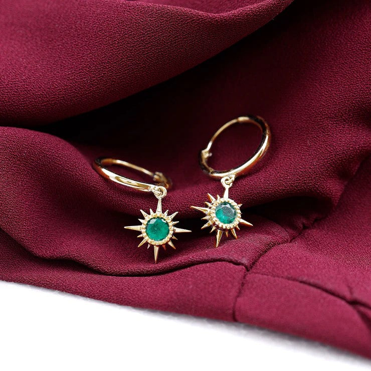 Pendientes argolla con forma de sol en esmeralda auténtica y certificado