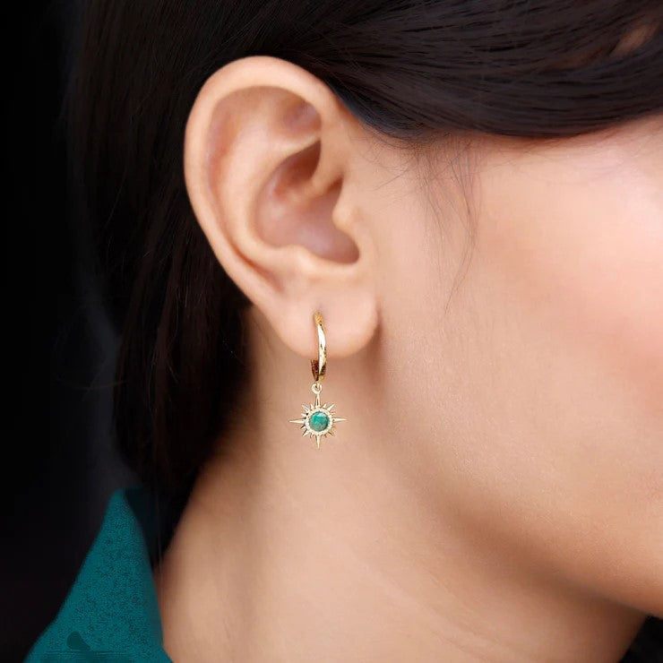Pendientes argolla con forma de sol en esmeralda auténtica y certificado