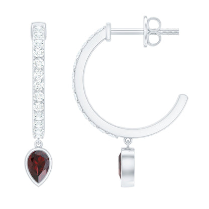 Genuine Garnet Teardrop Hoop Earrings with Diamonds