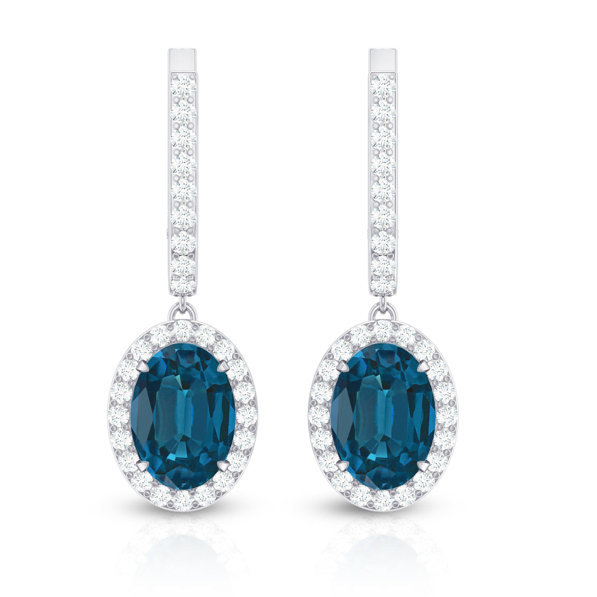 2.2 Carat Oval London Blue Topaz and Diamond Hoop Drop Earrings