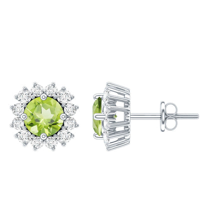 Pendientes de peridoto natural de 1 quilate con halo de diamantes para mujer