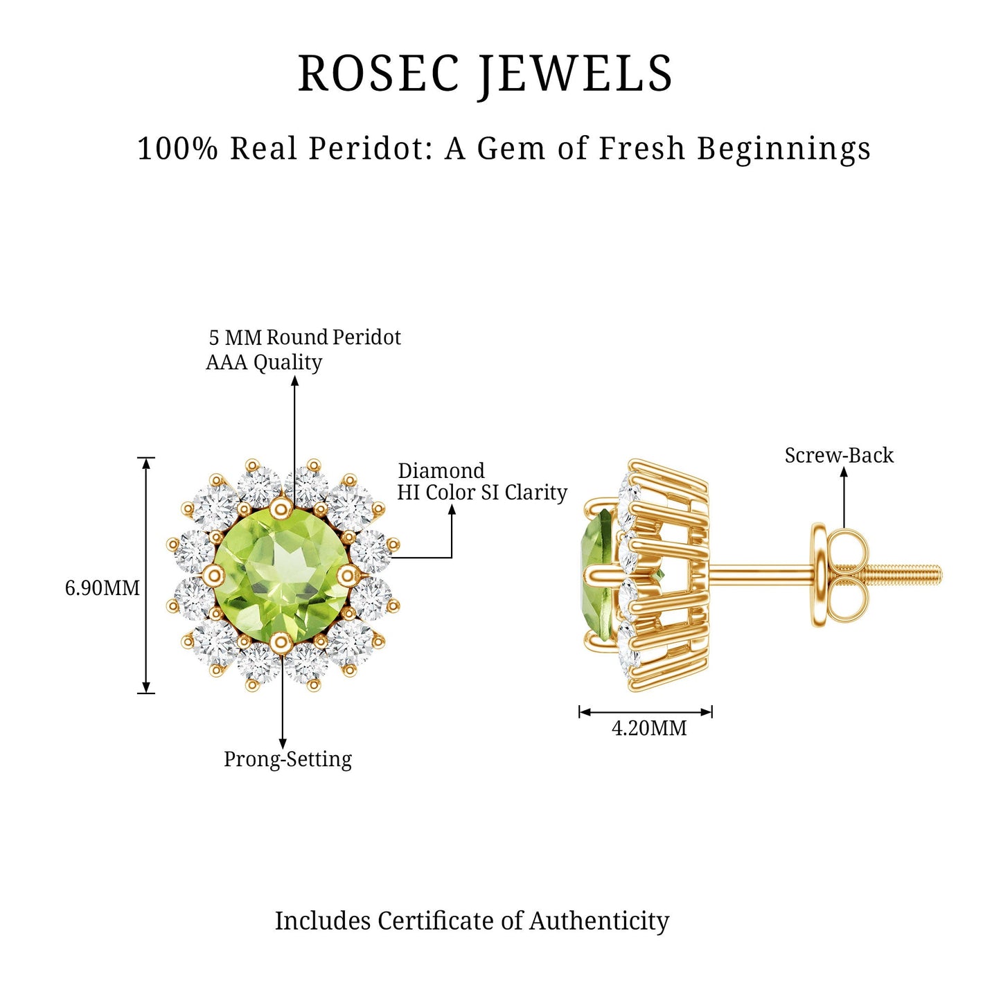 Pendientes de peridoto natural de 1 quilate con halo de diamantes para mujer