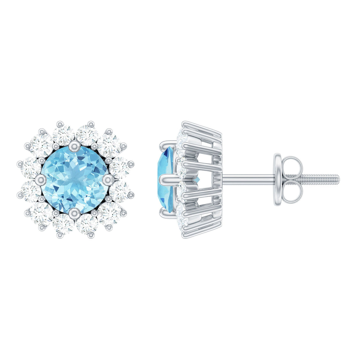 Certified Aquamarine and Diamond Halo Stud Earrings