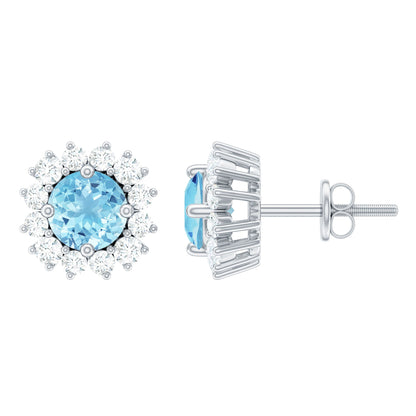 Certified Aquamarine and Diamond Halo Stud Earrings