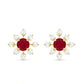 Natural Ruby Flower Stud Earrings with Diamond for Women