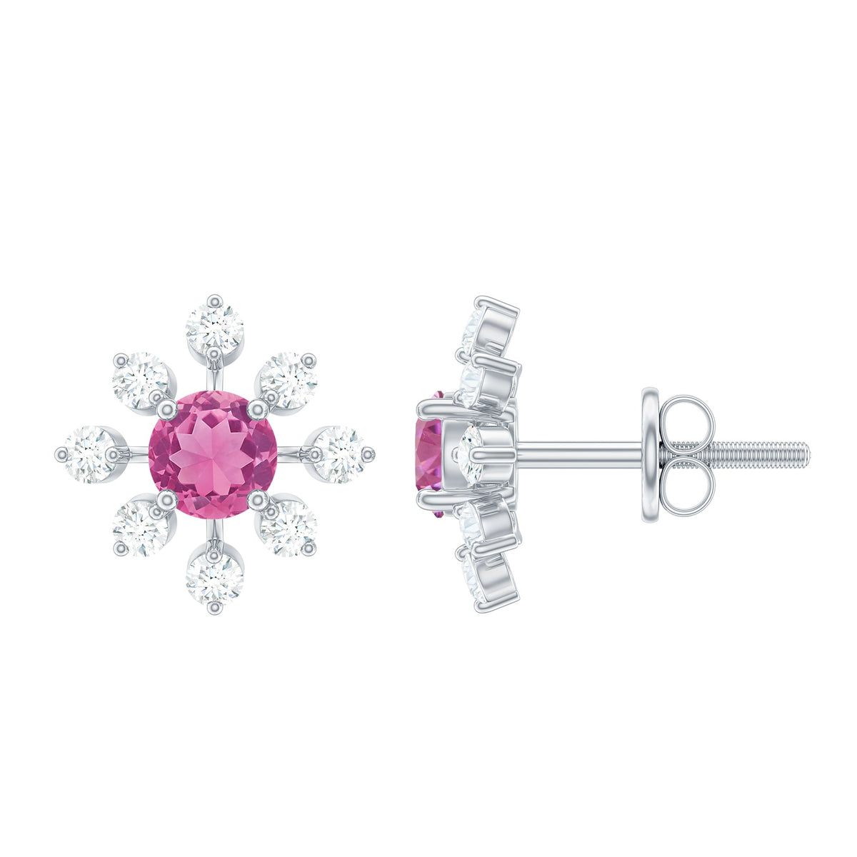 Pendientes de botón con forma de flor de turmalina rosa natural con diamantes