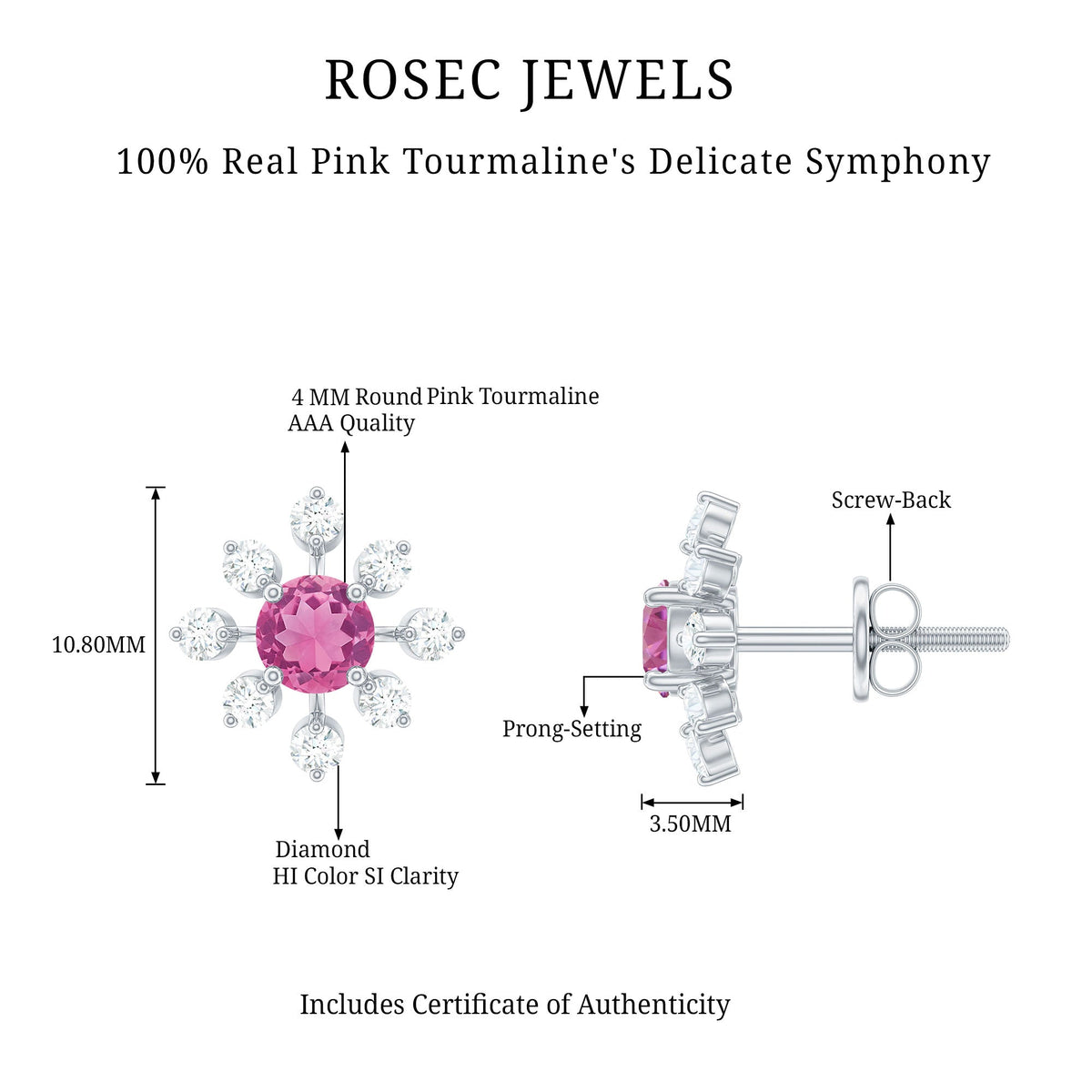 Pendientes de botón con forma de flor de turmalina rosa natural con diamantes