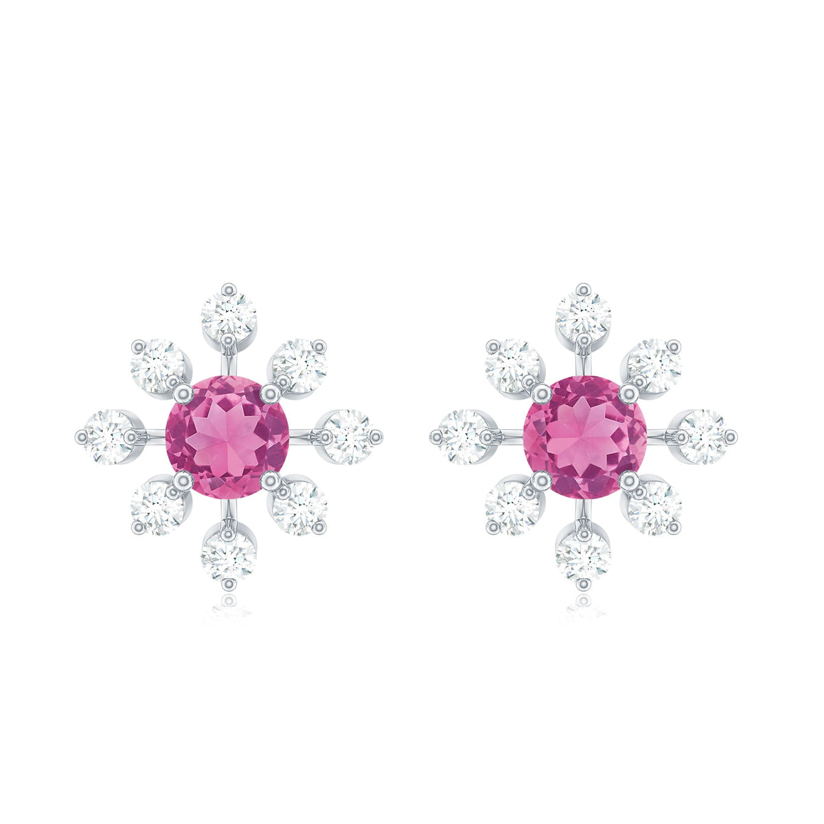 Pendientes de botón con forma de flor de turmalina rosa natural con diamantes