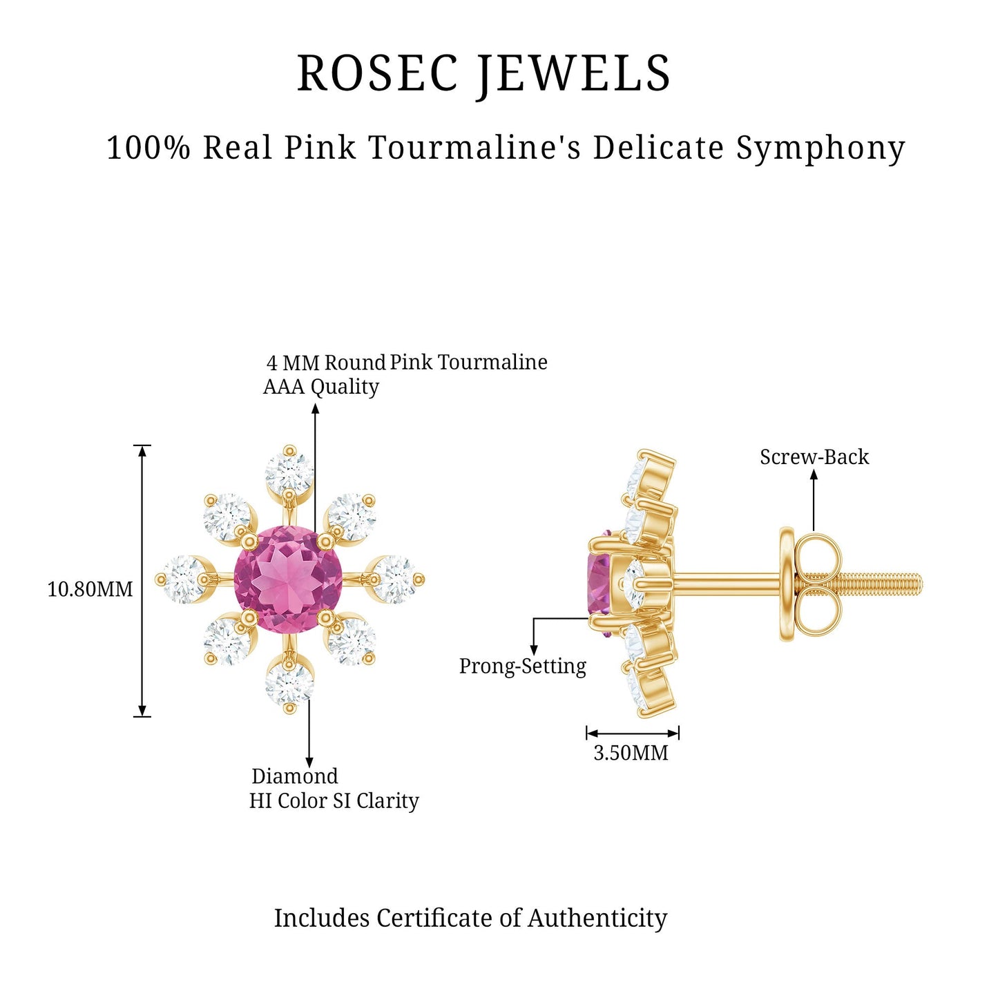 Pendientes de botón con forma de flor de turmalina rosa natural con diamantes