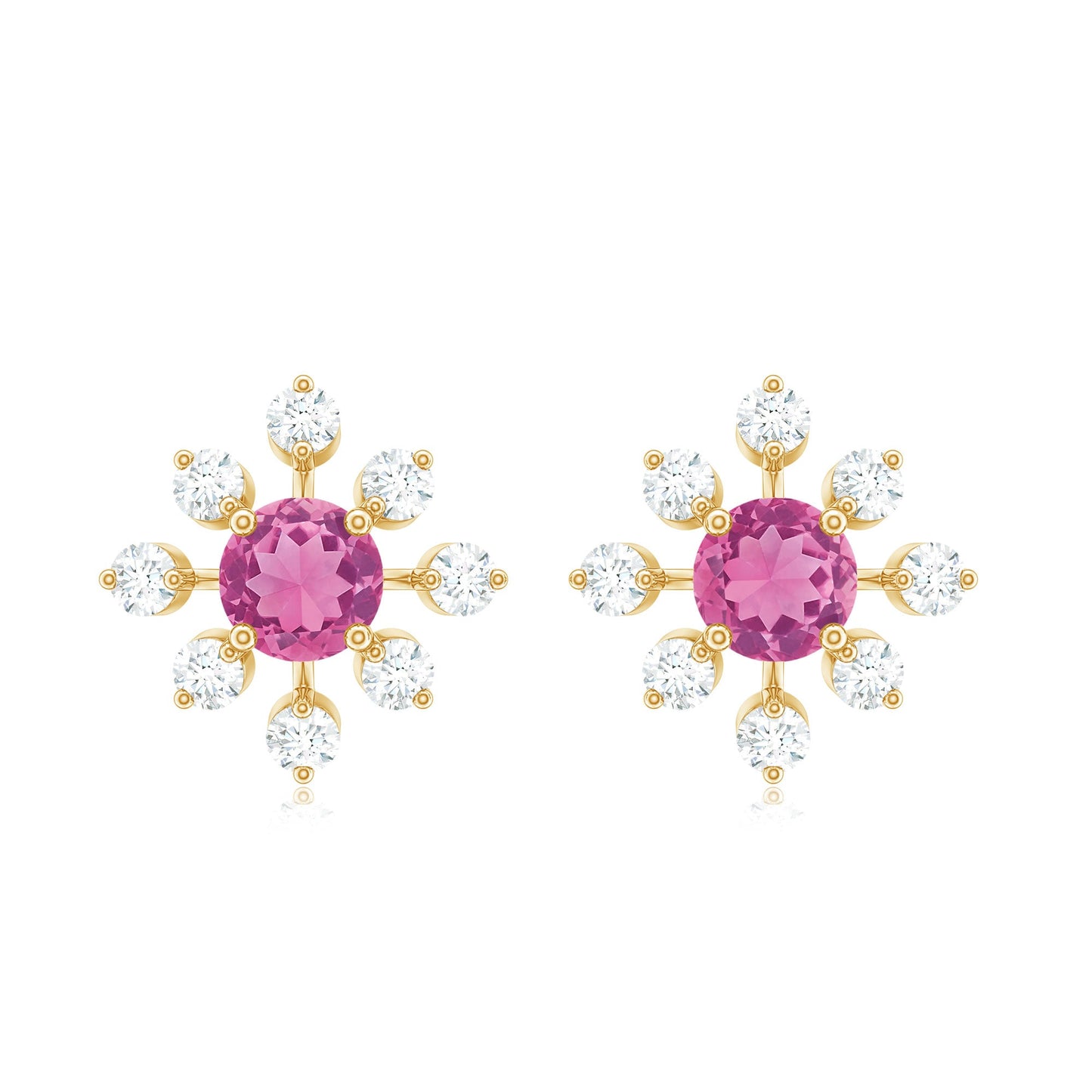 Pendientes de botón con forma de flor de turmalina rosa natural con diamantes