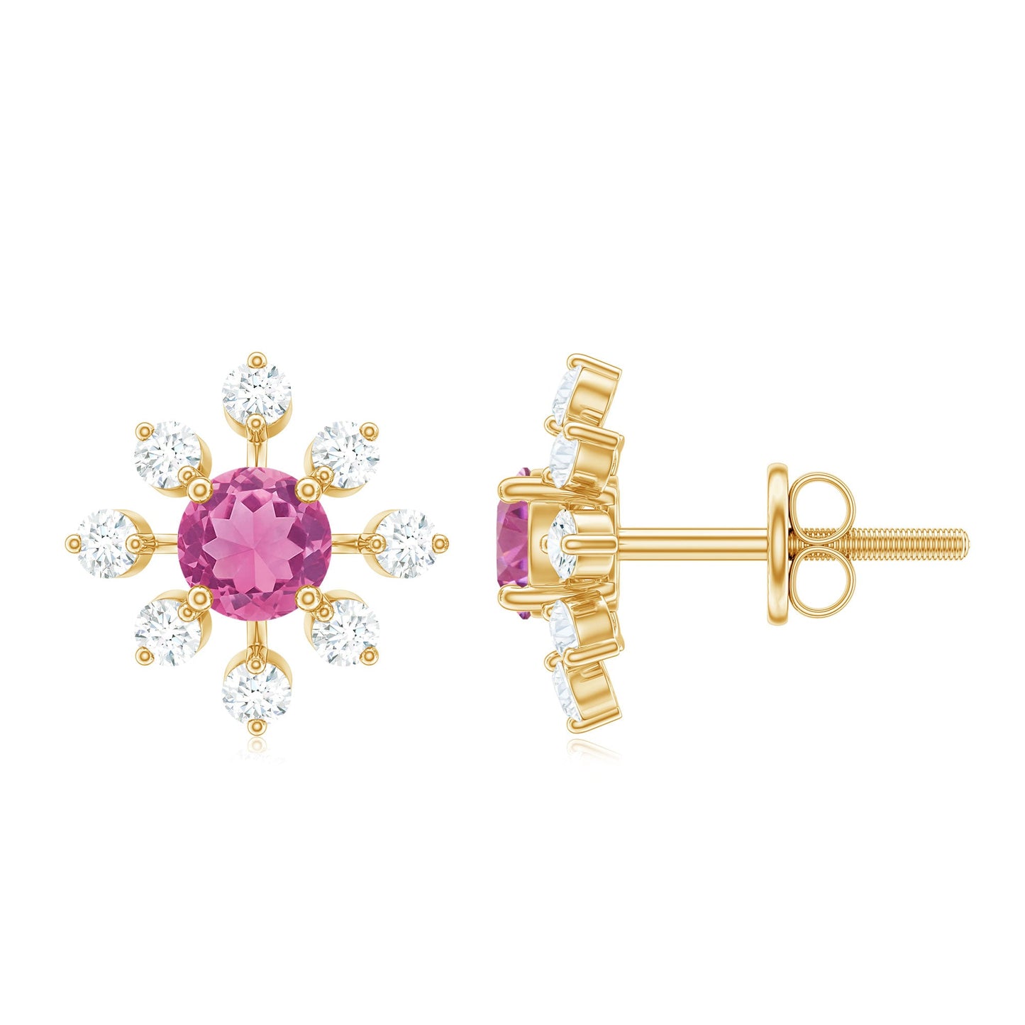 Pendientes de botón con forma de flor de turmalina rosa natural con diamantes