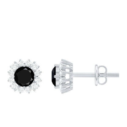 Certified Real Black Spinel Stud Earrings with Diamond Halo