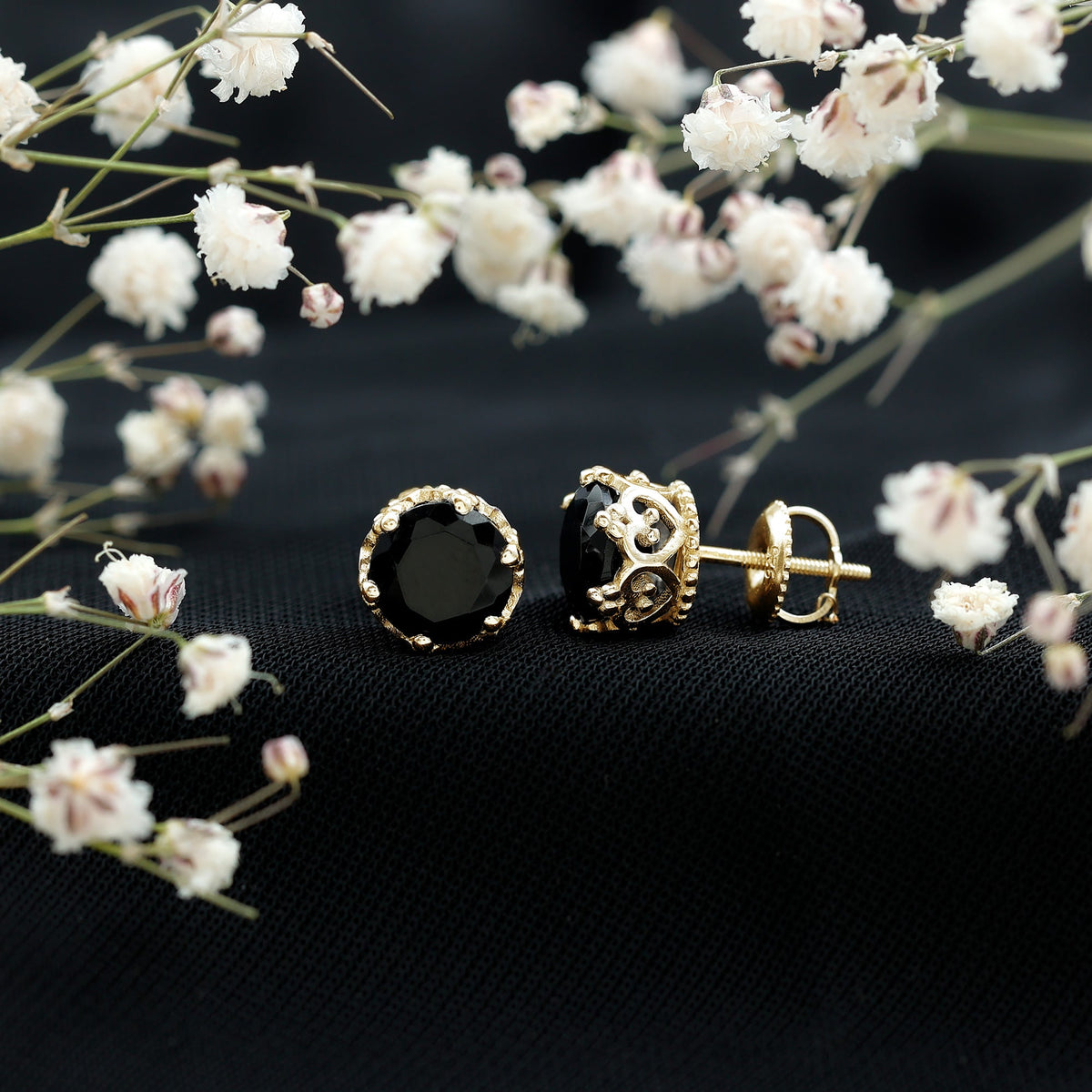 Genuine Black Onyx Crown Stud Earrings with Screw Back