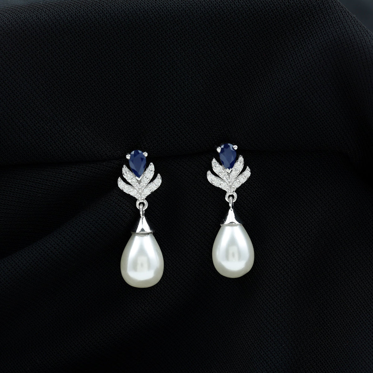 Freshwater Pearl and Blue Sapphire Teardrop Earrings with Moissanite