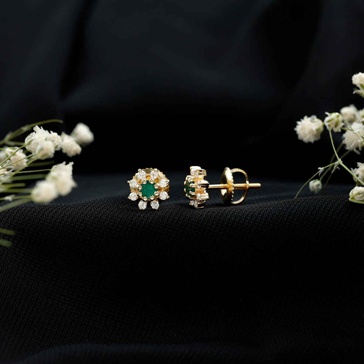 Natural Emerald and Diamond Floral Stud Earrings