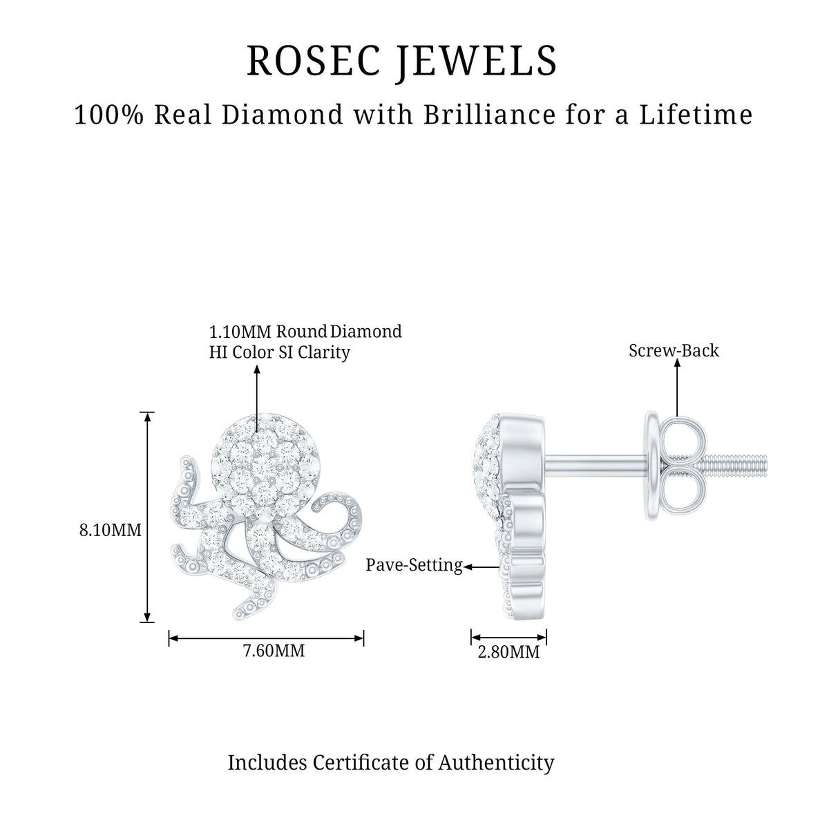 Real Diamond Octopus Stud Earrings for Women