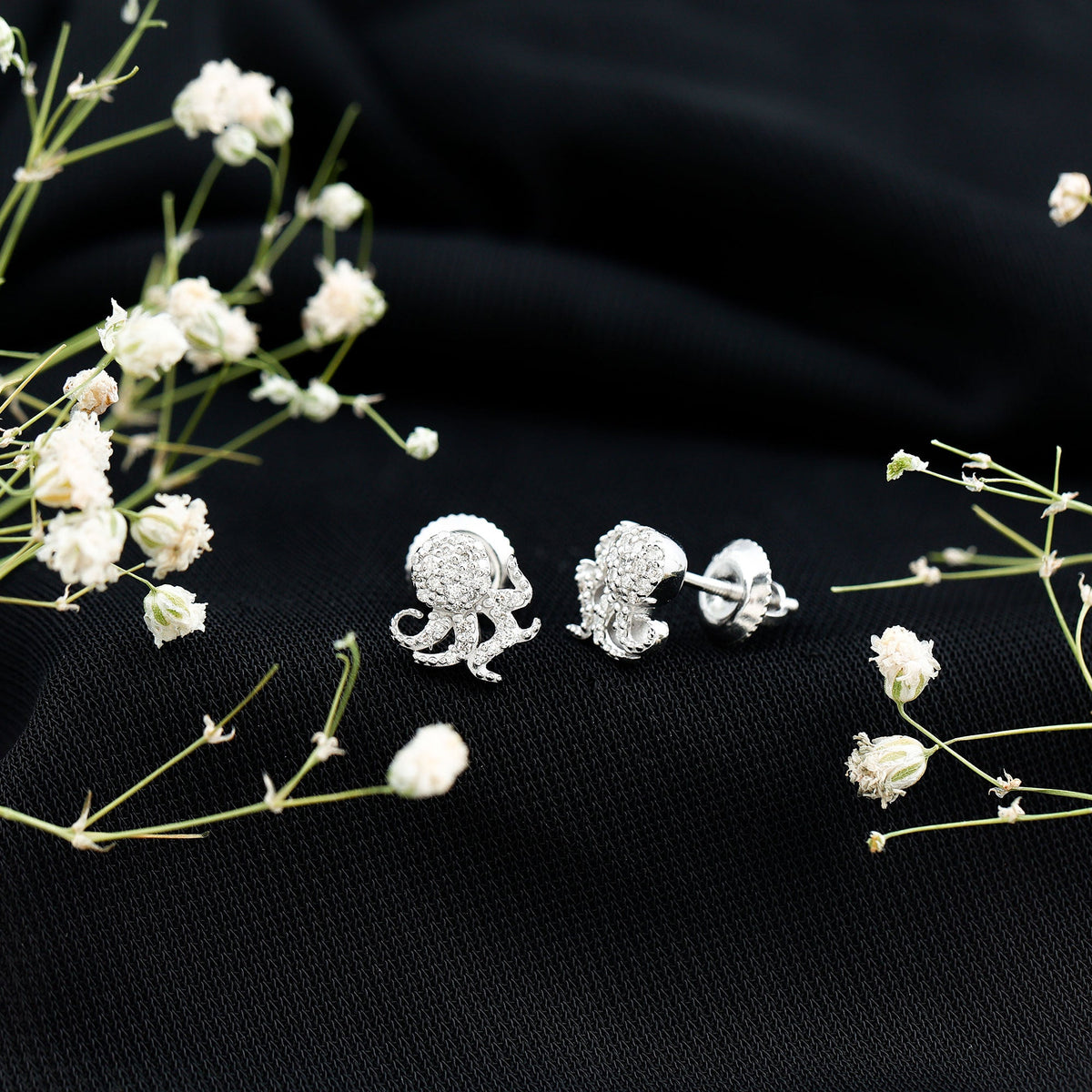 Real Diamond Octopus Stud Earrings for Women