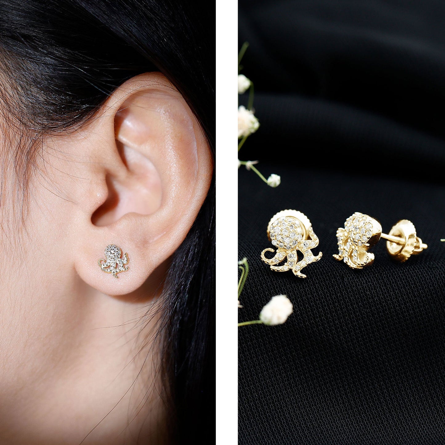 Real Diamond Octopus Stud Earrings for Women