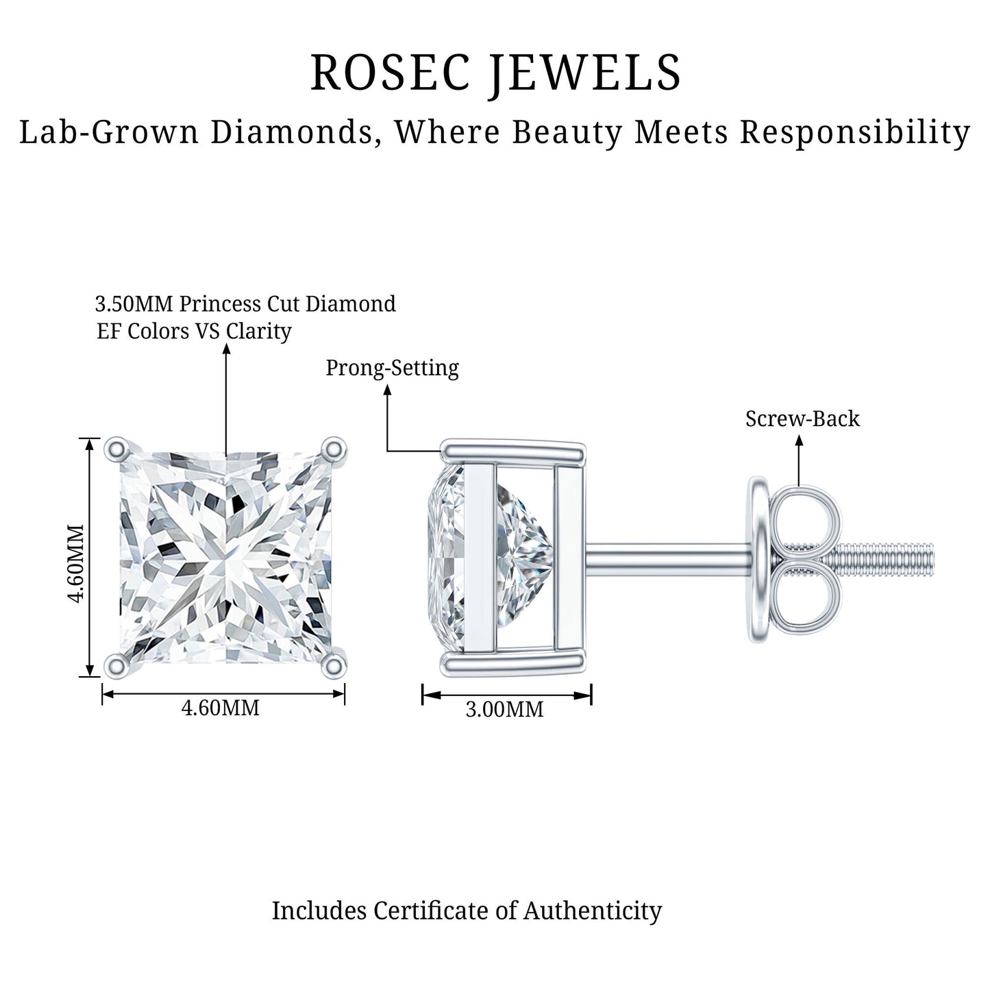 Natural Princess Cut Diamond Stud Earrings with Certificate