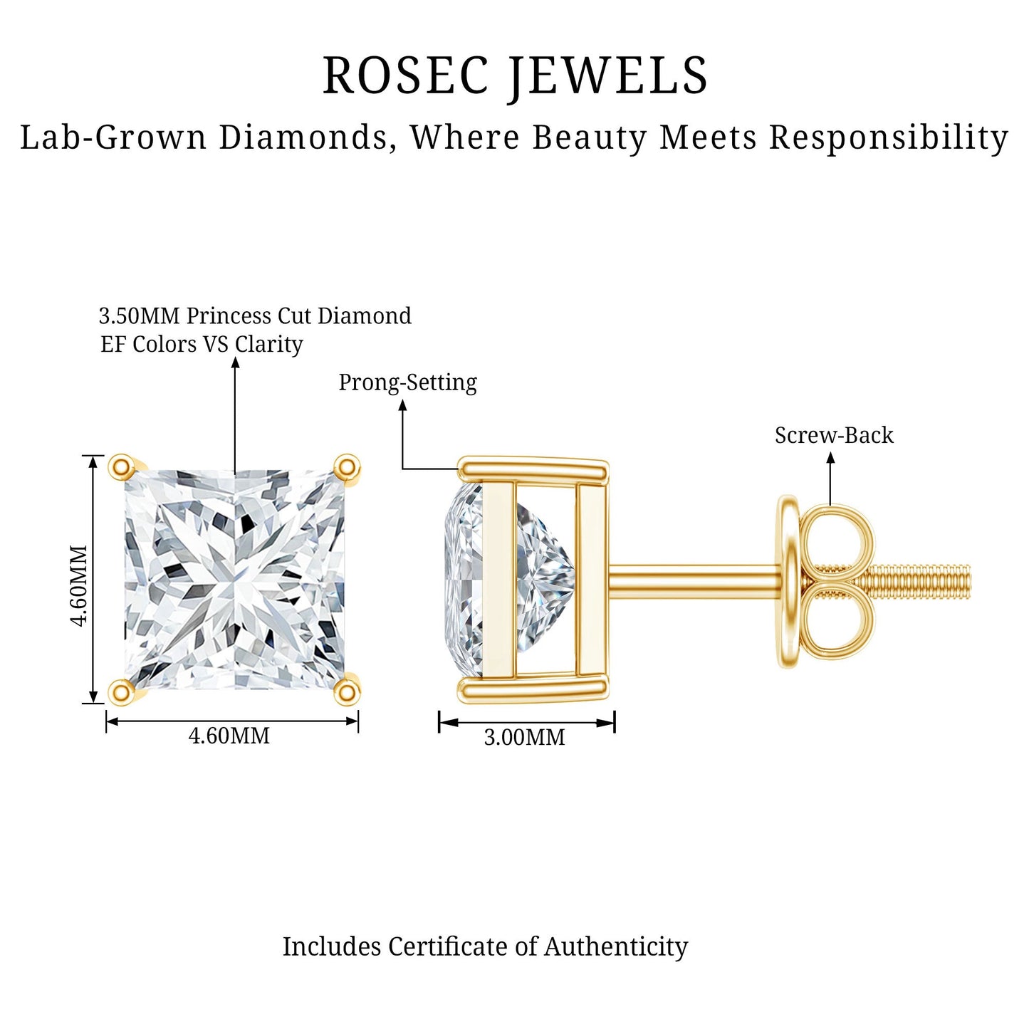 Natural Princess Cut Diamond Stud Earrings with Certificate