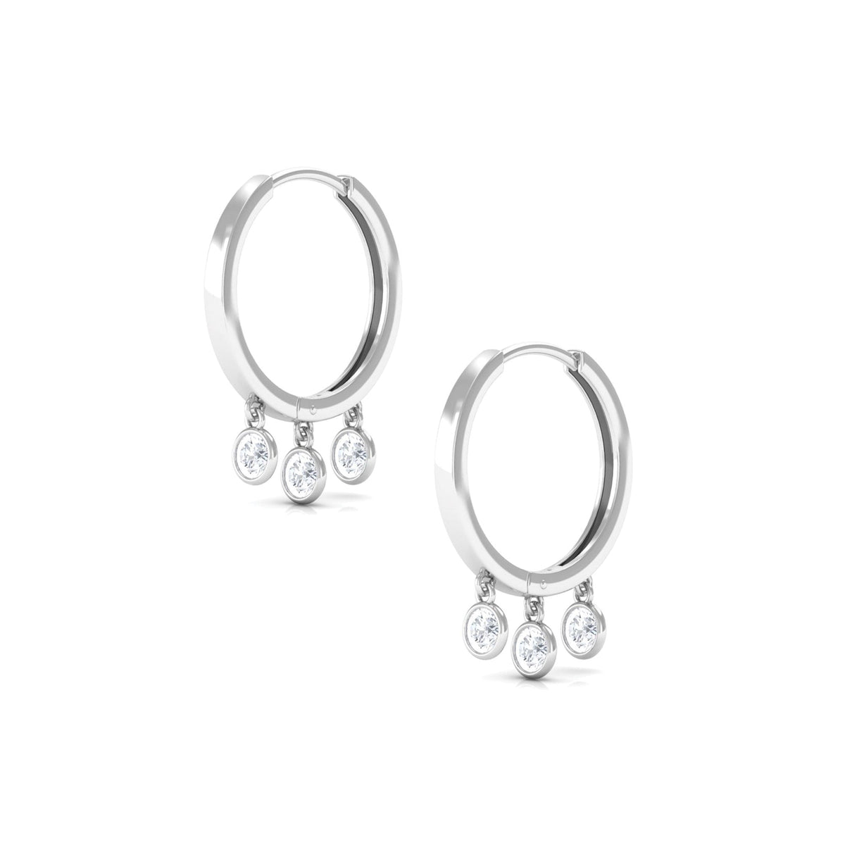 Natural 3 Stone Diamond Drop Hoop Earrings