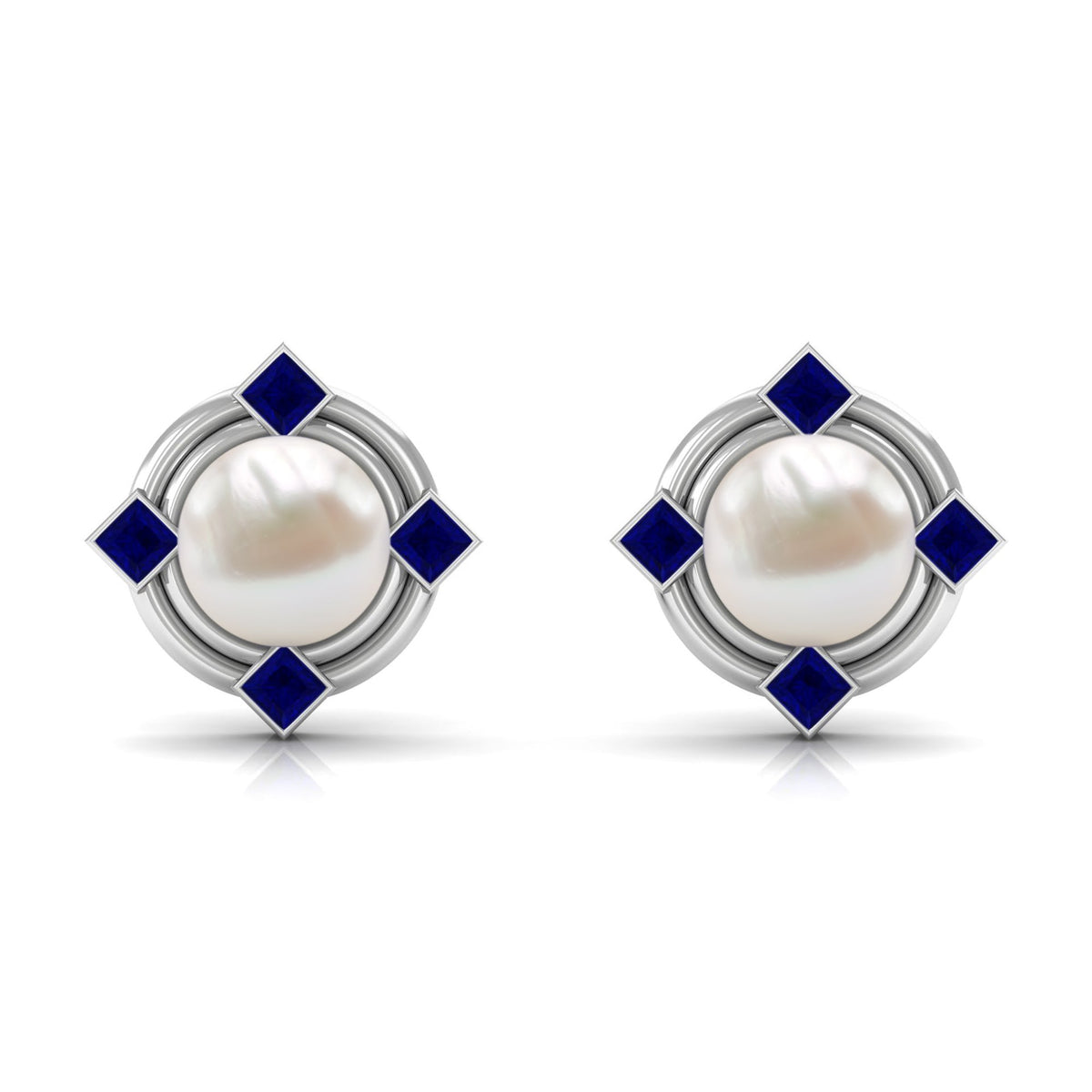 Real Freshwater Pearl and Blue Sapphire Modern Stud Earrings