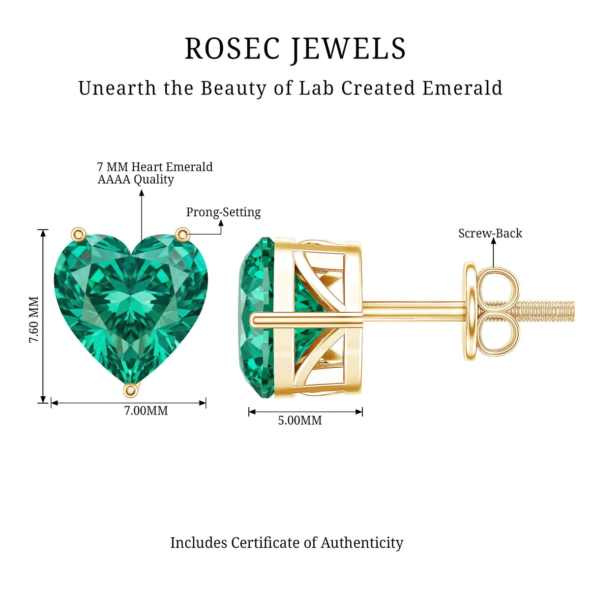 Aretes de esmeralda solitario de laboratorio con forma de corazón de 7 mm