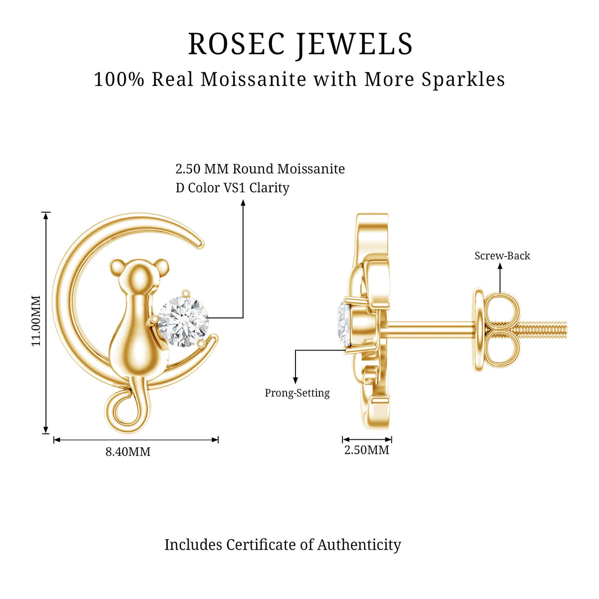 Certified Cat Moon Earrings with Moissanite
