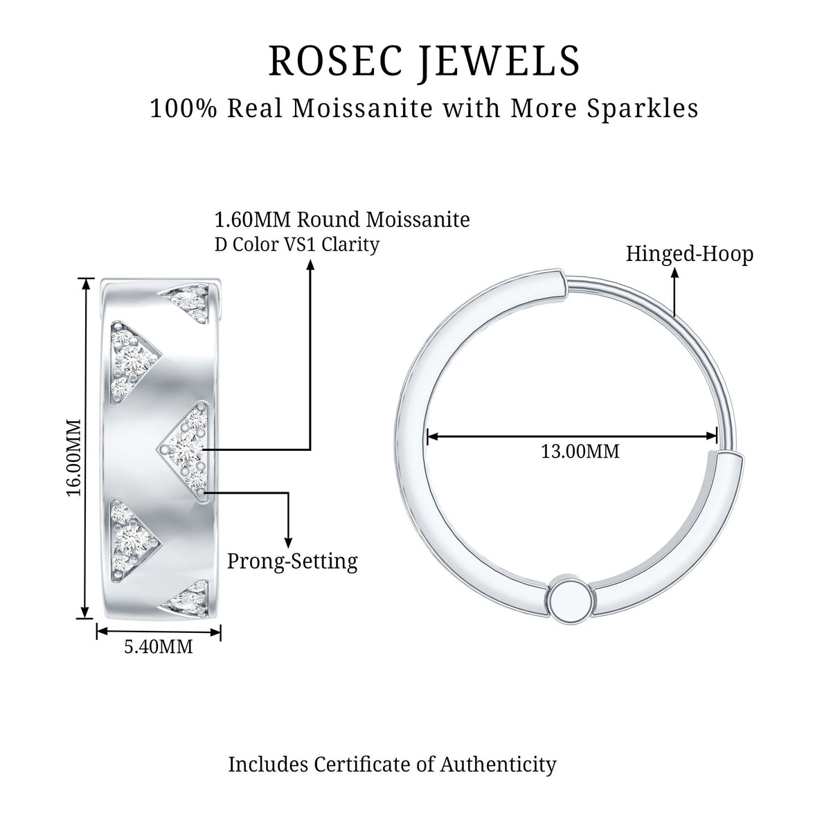 Certified Moissanite Hinged Hoop Earrings for Women