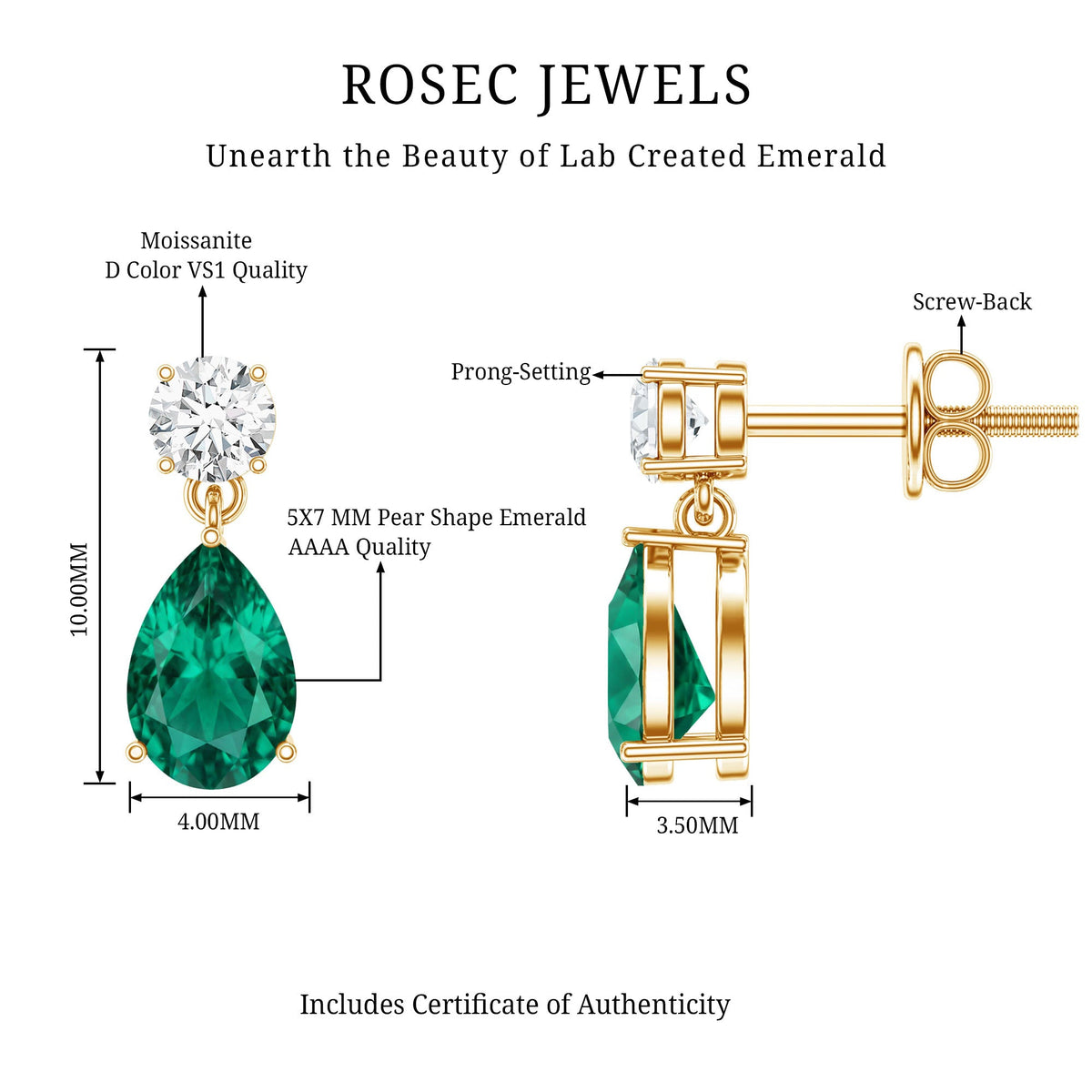 Pear Cut Lab Created Emerald and Moissanite Teardrop Earrings