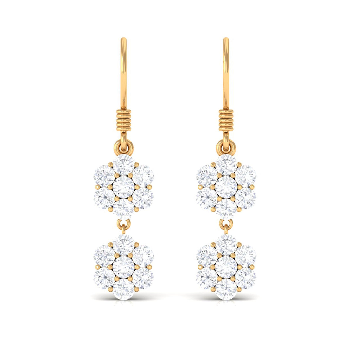 Certified Moissanite Double Flower Dangle Earrings with Fish Hook