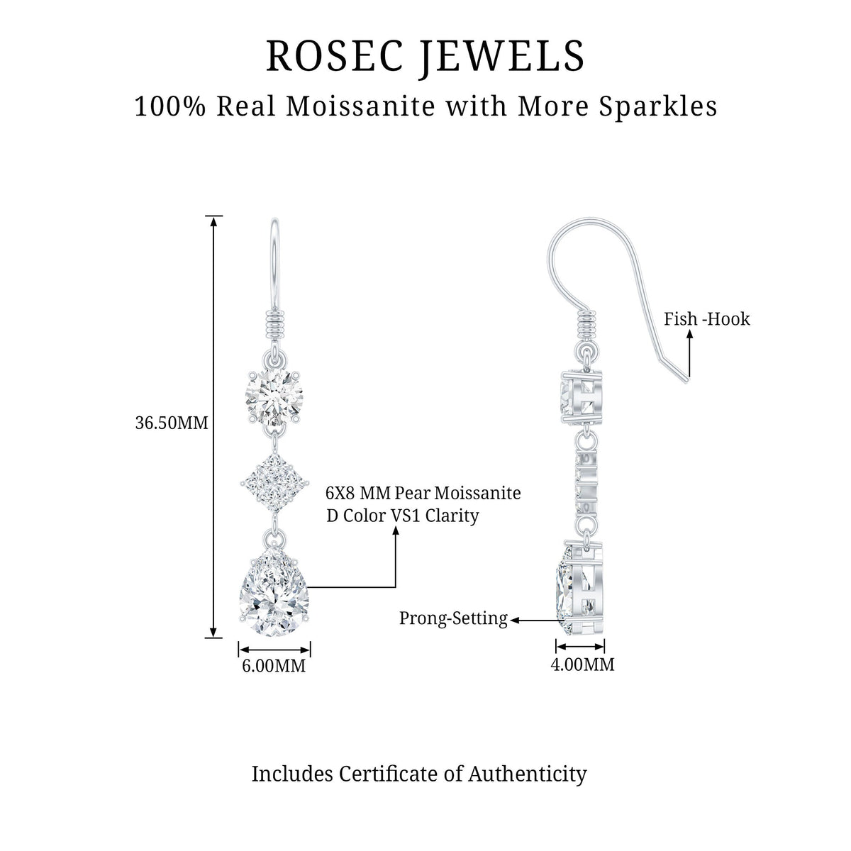 Certified Moissanite Bridal Dangle Earrings with Fish Hook