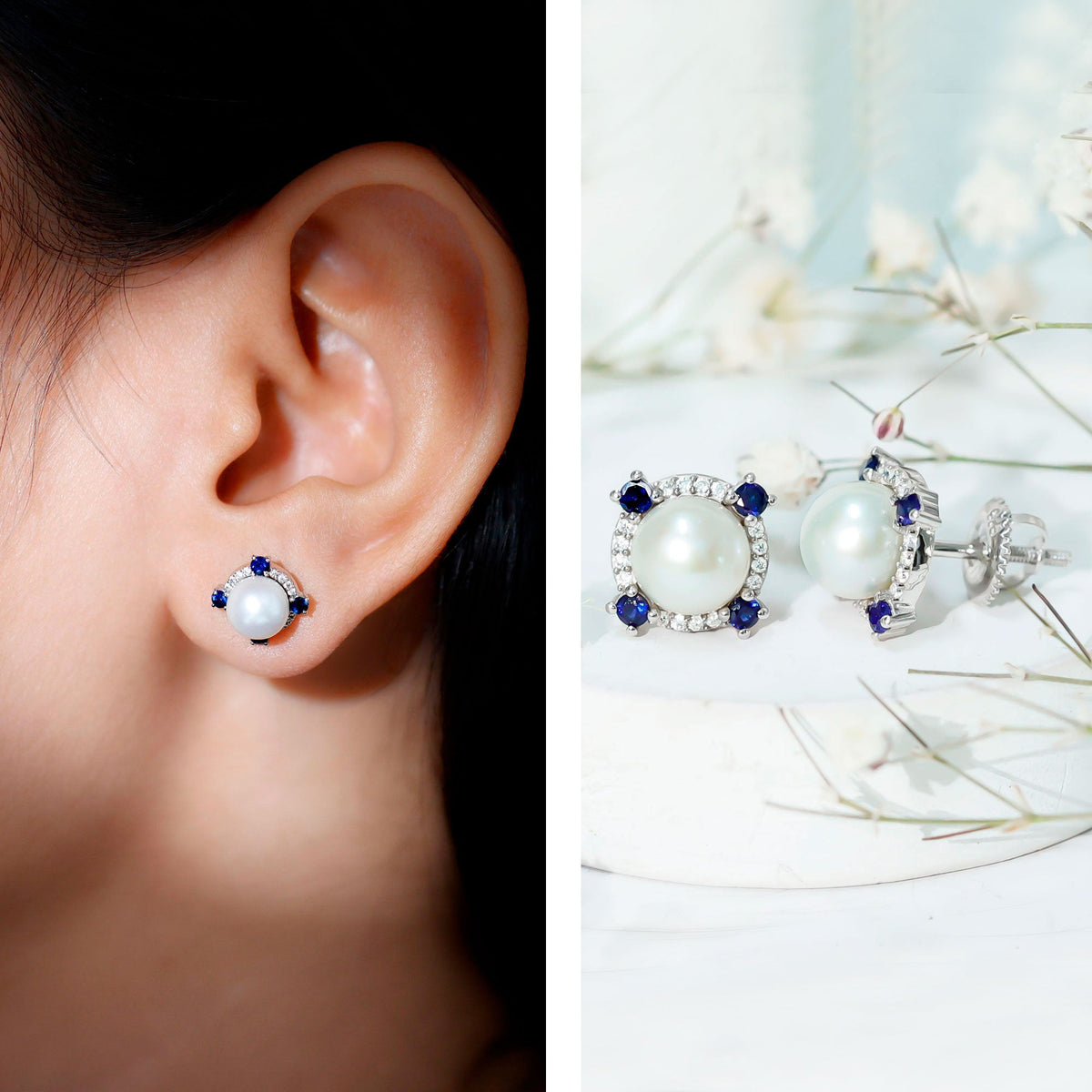 Pendientes Vintage de Perlas Naturales de Agua Dulce con Zafiro Azul