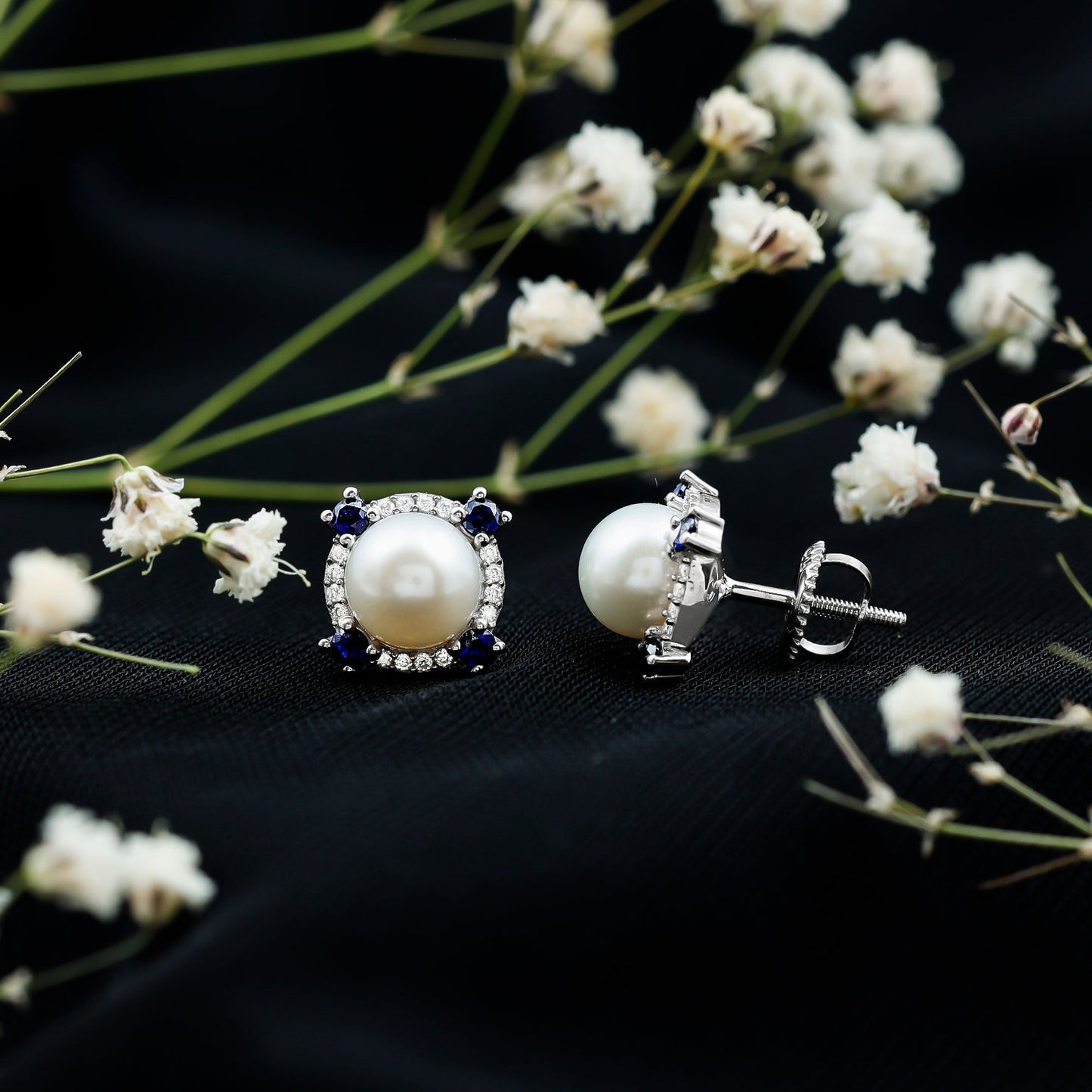 Pendientes Vintage de Perlas Naturales de Agua Dulce con Zafiro Azul