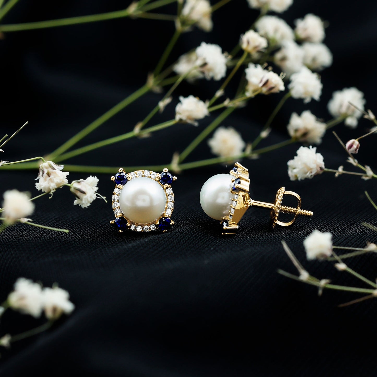Pendientes Vintage de Perlas Naturales de Agua Dulce con Zafiro Azul