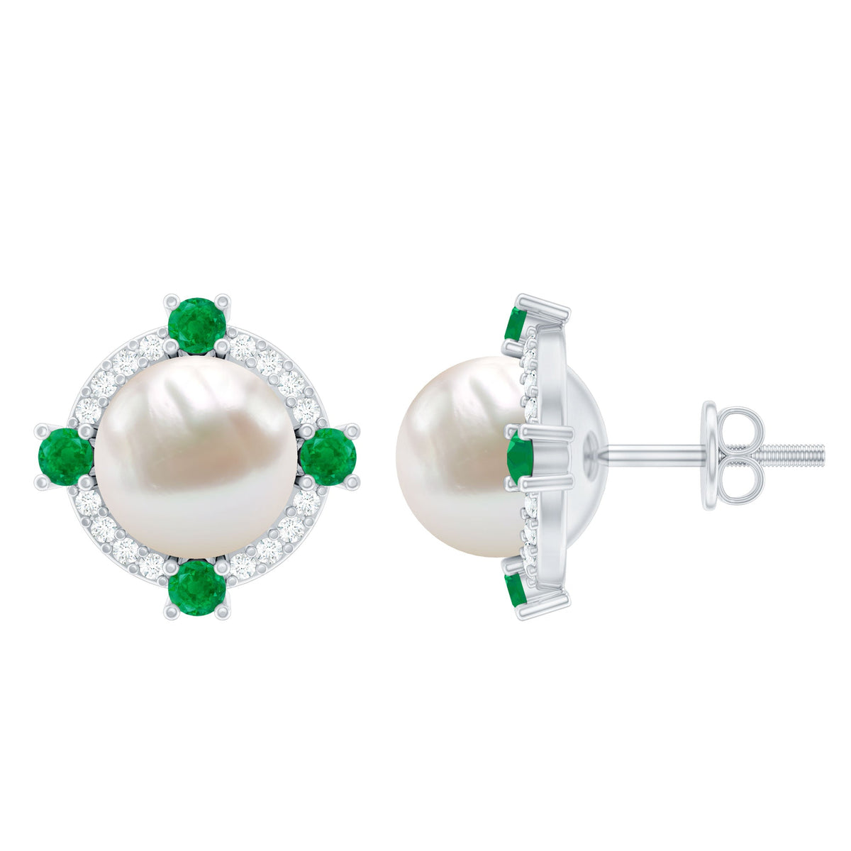6 Carat Freshwater Pearl Bridal Stud Earrings with Emerald