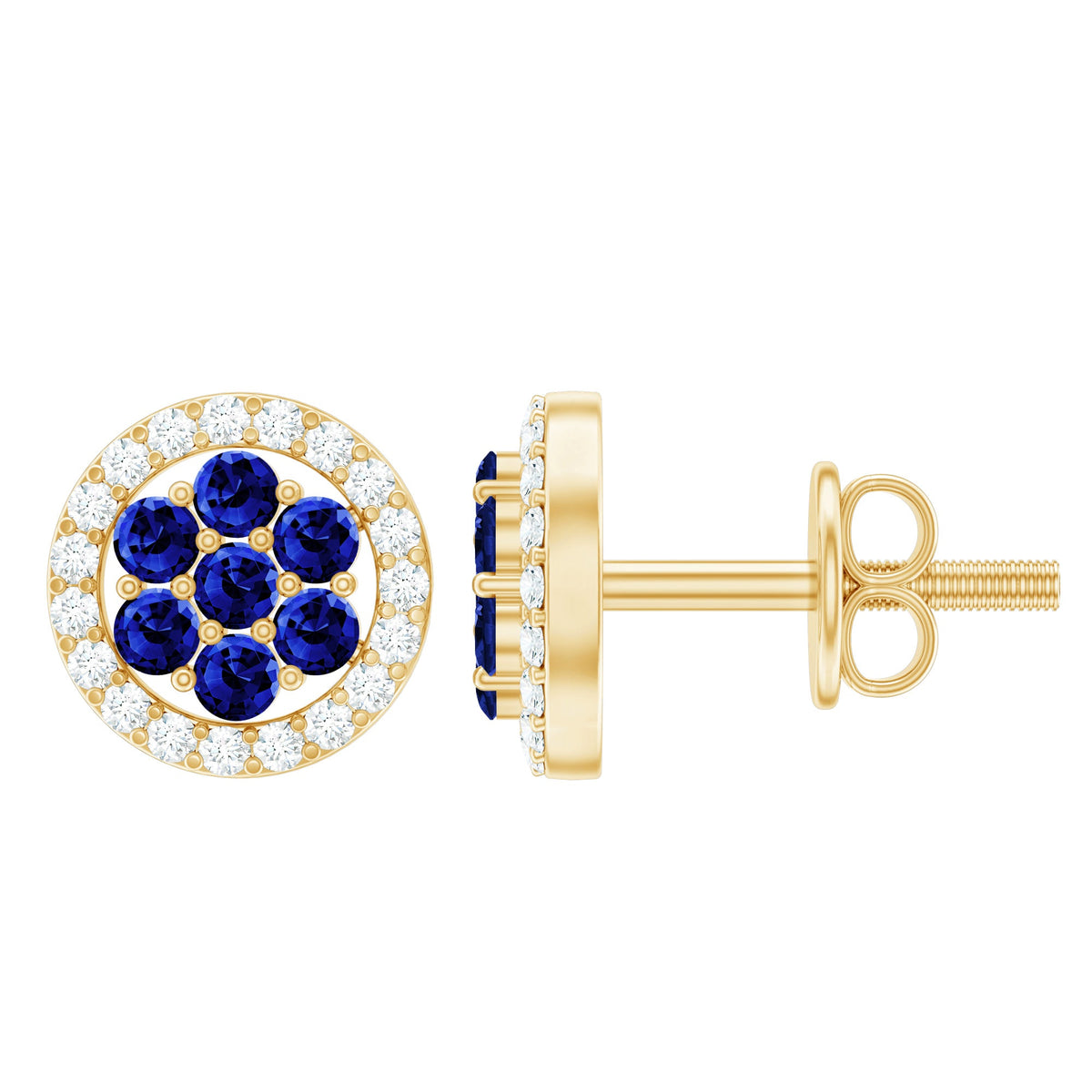 Pendientes de flor de zafiro azul creados en laboratorio con halo de diamantes