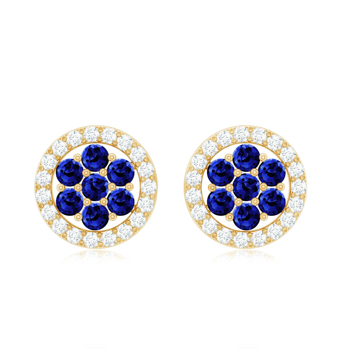 Pendientes de flor de zafiro azul creados en laboratorio con halo de diamantes