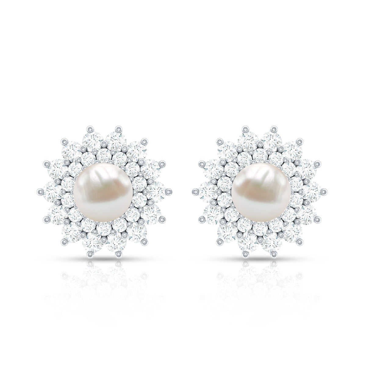 Freshwater Pearl Flower Statement Earrings with Diamond Halo