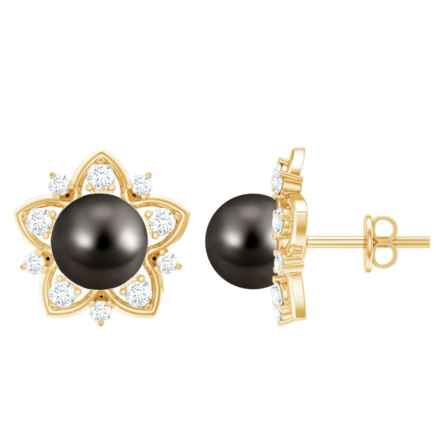 Aretes de botón de flor con perlas negras de Tahití y diamantes auténticos