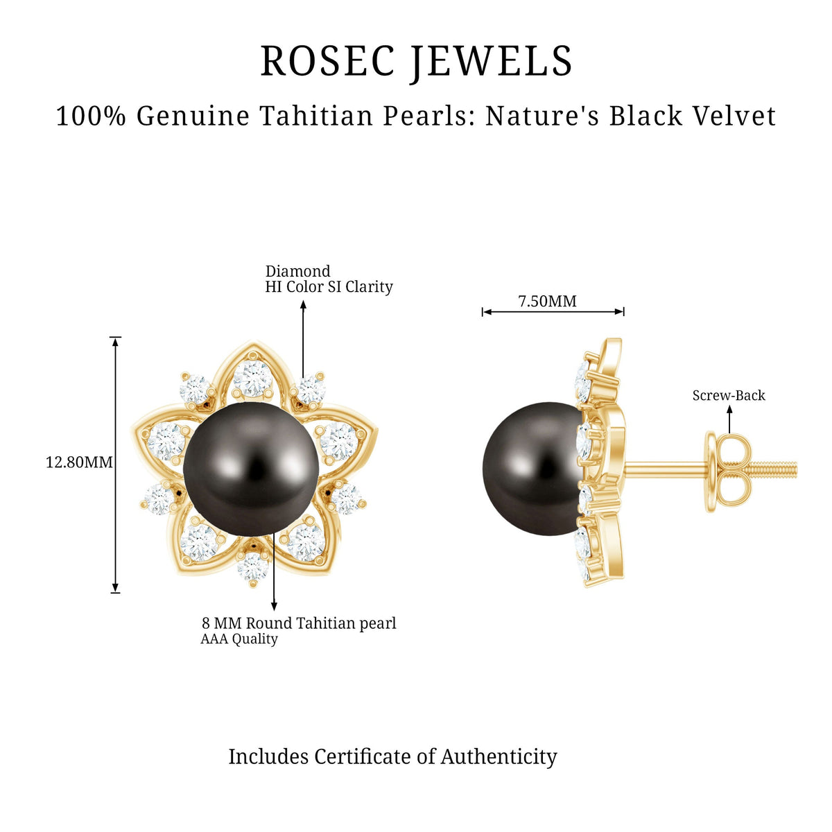 Aretes de botón de flor con perlas negras de Tahití y diamantes auténticos