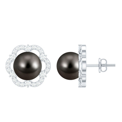 15 CT Tahitian Black Pearl and Diamond Flower Stud Earrings