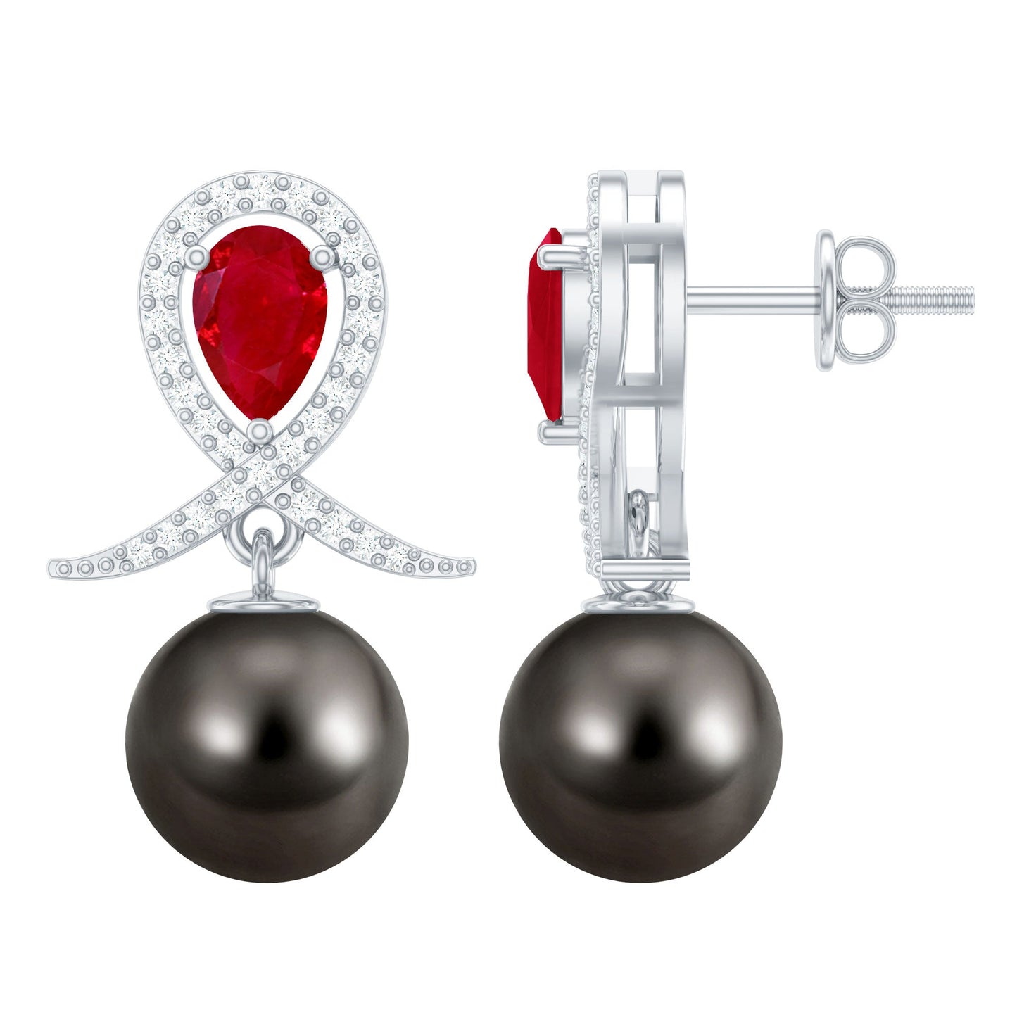 Pendientes de novia de perlas negras de Tahití estilo vintage con rubí