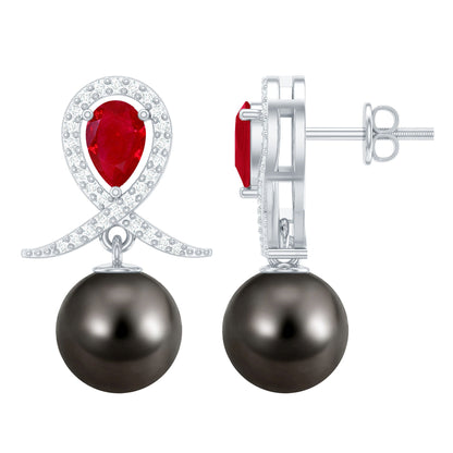 Pendientes de novia de perlas negras de Tahití estilo vintage con rubí