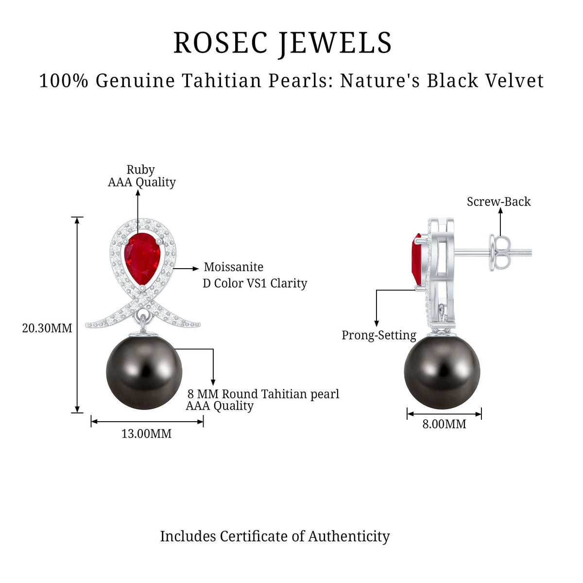 Pendientes de novia de perlas negras de Tahití estilo vintage con rubí