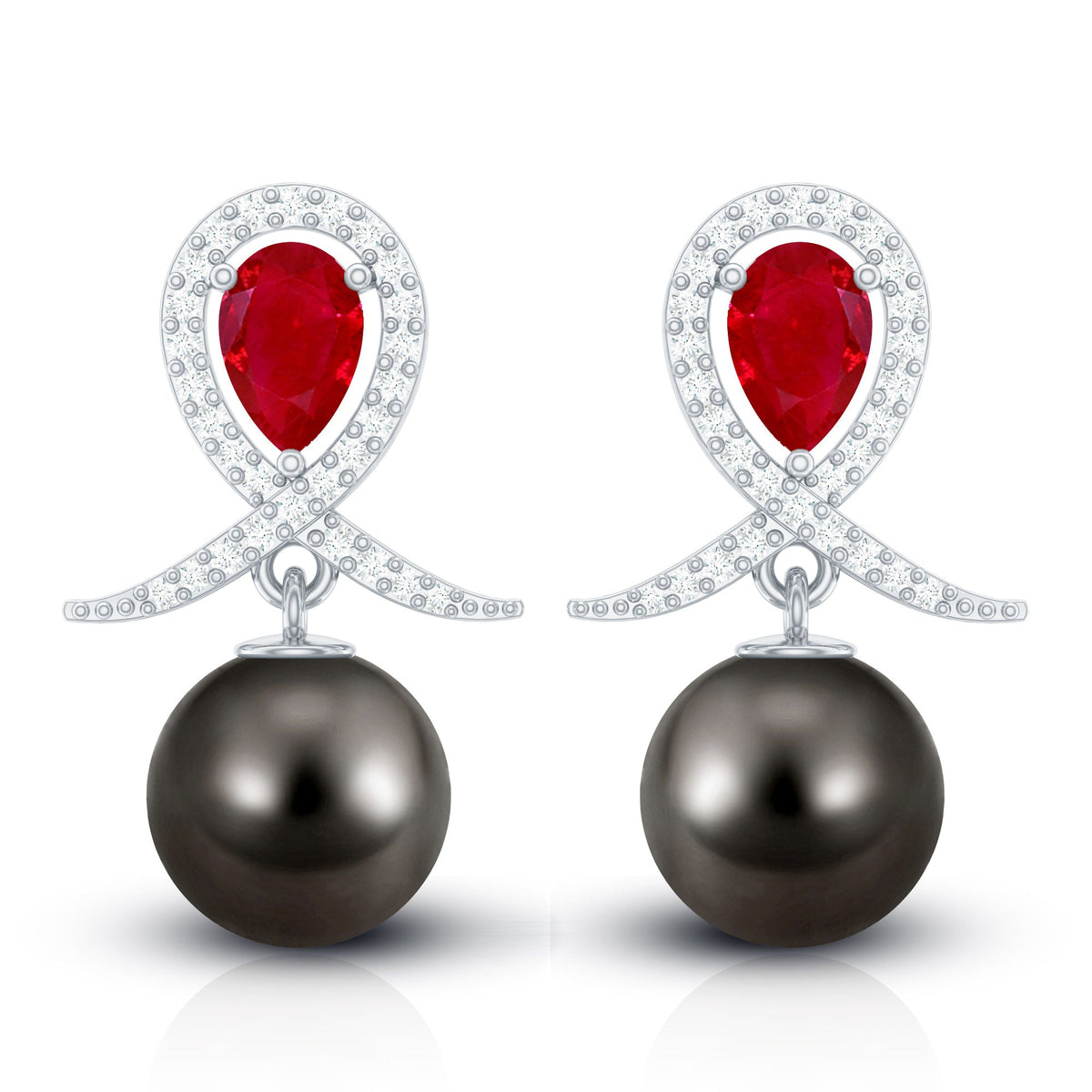 Pendientes de novia de perlas negras de Tahití estilo vintage con rubí