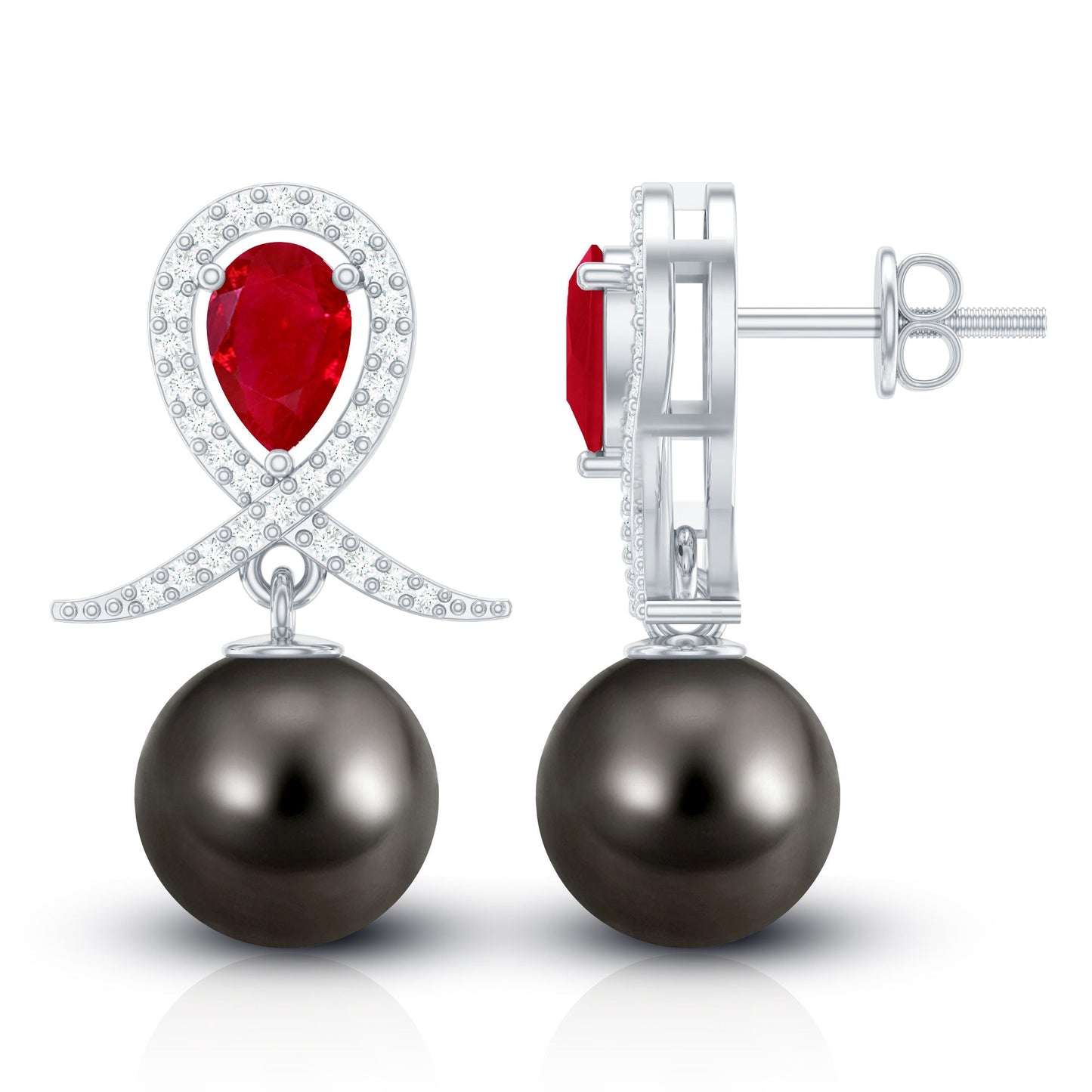 Pendientes de novia de perlas negras de Tahití estilo vintage con rubí